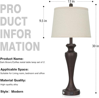 30" Brown Table Lamps Set of 2, 3-Way Touch Control Bedside Lamp with USB A+C Ports and AC Outlet, Tall Living Room Lamps for End Table, Elegant Coffee Bedroom Lamp for Night Stand