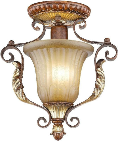 Livex Lighting 8578-63 Villa Verona 1 Light Verona Bronze Finish Flush Mount with Aged Gold Leaf Accents and Rustic Art Glass