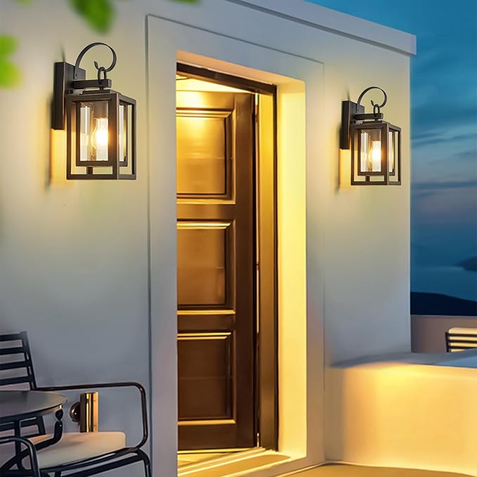 2-Pack Outdoor Wall Lights with Waterproof, Exterior Lighting Fixtures Wall Mount, Black Finish with Gold Trim Porch Lights Outdoor Wall Sconces Lanterns, Modern Coach Lights for House, Doorway