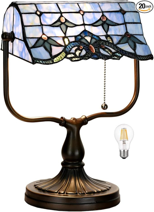 TL0031 Baroque Tiffany Banker Desk Lamp Stained Glass Blue Shade with Vintage Bronze Base W10.25 X OH13 Inches, Art Nouveau Decor for Home Office,LED Bulb Included (Baroque)
