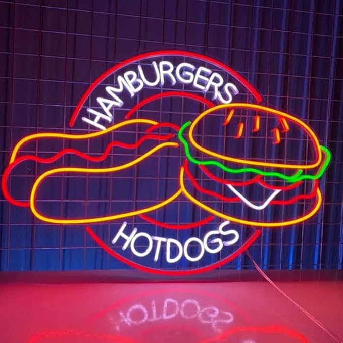 Hamburgers Hotdogs Neon Sign, Burger Led Sign, Fast Food Restaurant Decor, Hamburger Store Wall Art Size:20inch