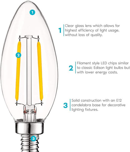 LUXRITE 4W Vintage Candelabra LED Bulbs Dimmable, 400 Lumens, 3000K Soft White, LED Chandelier Light Bulbs 40W Equivalent, Clear Glass, Filament Candle Bulb, UL Listed, E12 Base (12 Pack)