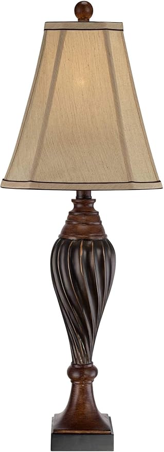 Regency Hill Carved 28 1/2" Tall Urn Traditional End Table Lamps Set of 2 Two-Tone Brown Finish Beige Shade Living Room Bedroom Bedside Nightstand House Office Home Kitchen Entryway Console Family