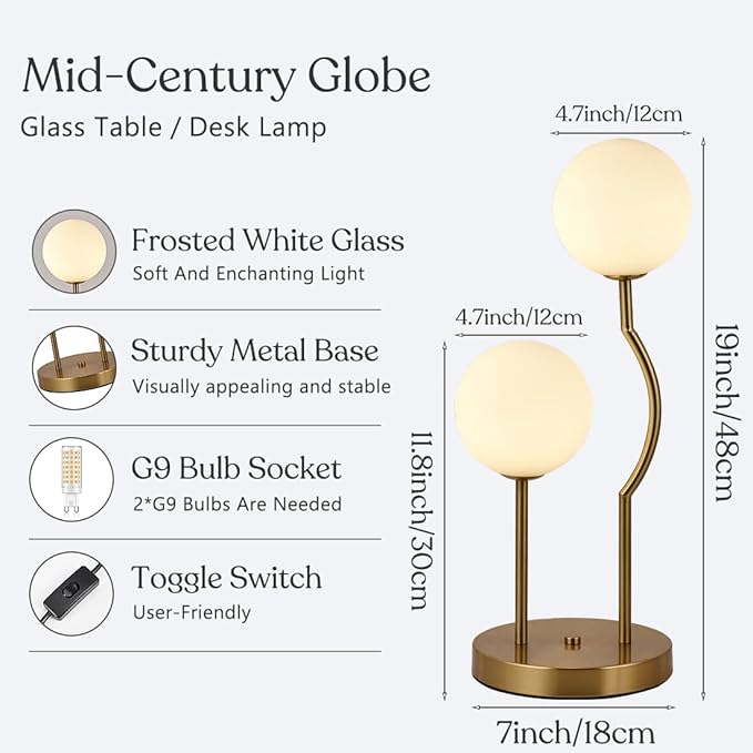 Mid Century Gold Globe Table Lamp 2-Light Orb Modern Beside Desk Table Light with Milk White Glass Shade Metal Base Nightstand Lamp for Bedroom Bedside
