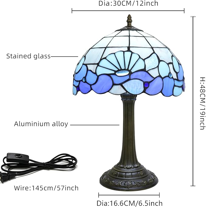 Blue Sea Style Stained Glass Table Lamps Shell Tiffany Lamp Bedroom Bedside Living Room Aesthetic Vintage Accent Farmhouse Night Light for End Table Office Nightstand End Table Desk Reding 12X19 Inch