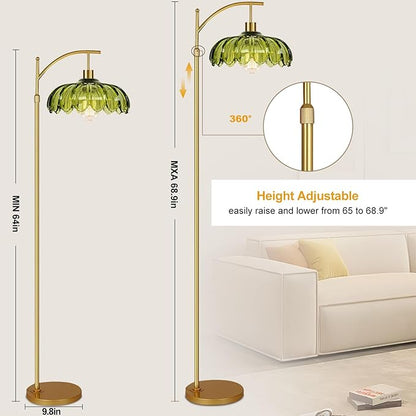 Gold Floor Lamps for Living Room Vintage Green Floor Lamp with Remote Control & Glass Lampshape,Dimmable Mid Century Modern Standing Lamp Tall Flower Lamp Brass Floor lamp for Bedroom Corner