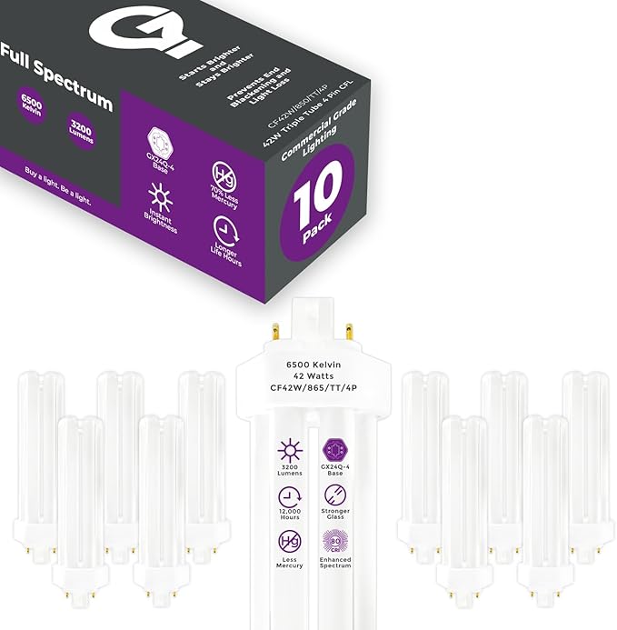 GoodBulb 42 Watt CFL Light Bulbs 4 Pin GX24Q-4 Base 6500K Full Spectrum 42W High Output 3200 Lumens Triple Tube Compact Fluorescent Light Bulbs Plug-in 10 Pack