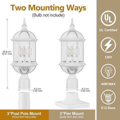 White Outdoor Post Light,19.21" 3-Light Lamp Post Light Fixture,Waterproof Anti-Rust Aluminum Pole Lights Outside Lantern for Garden,Yard,Patio,Pathway Lighting