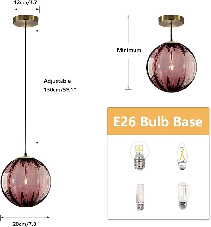 KCO Lighting Modern Globe Pendant Light Contemporary Small Gold Pendant Lighting Kitchen Island Lights Small Glass Hanging Lights (Burgundy-7.9”)