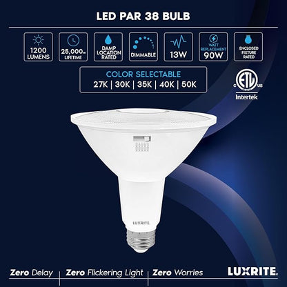 LUXRITE PAR38 LED Flood Light Bulb, 90W Equivalent, 5 Color Selectable 2700K-5000K, 1200 Lumens, 13W, Dimmable LED Spotlight Bulb, Damp Rated, ETL Listed, E26 Base - Indoor Outdoor (12 Pack)