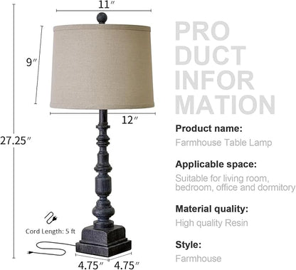 Oneach 27.75” Vintage Farmhouse USB A+C Table Lamps Set of 2 for Living Room Bedroom Traditional Bedside Nightstand Lamp Retro Resin Lamps Linen Shade Nightstand Home Office Antique Black Accent