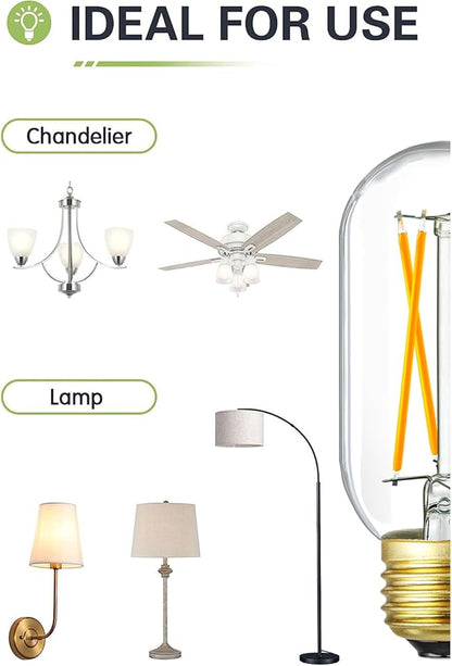 Leools T14 LED Bulb,6W E26 LED Bulb Dimmable Equivalent E26 Bulb 60 Watt,Neutral White 4000K E26 Edison Bulb,AC120V,650lm,CRI90,Clear Glass,Tubular Light Bulb,ETL Listed,Pack of 6