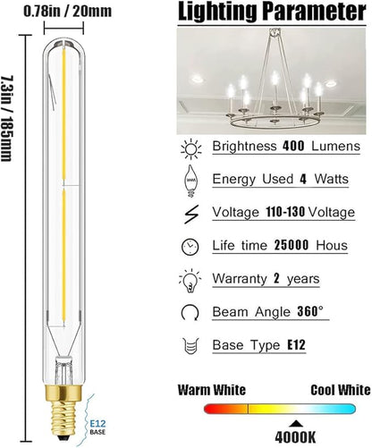 Leools E12 led Long Bulb,7.3 Inch Long Tubular Light Bulbs,T6 B11 Candelabra Bulb 40 watt for Chandeliers,Clear Glass,Daylight,4000K 400LM 4W Dimmable Tube Edison Bulb 6Pack