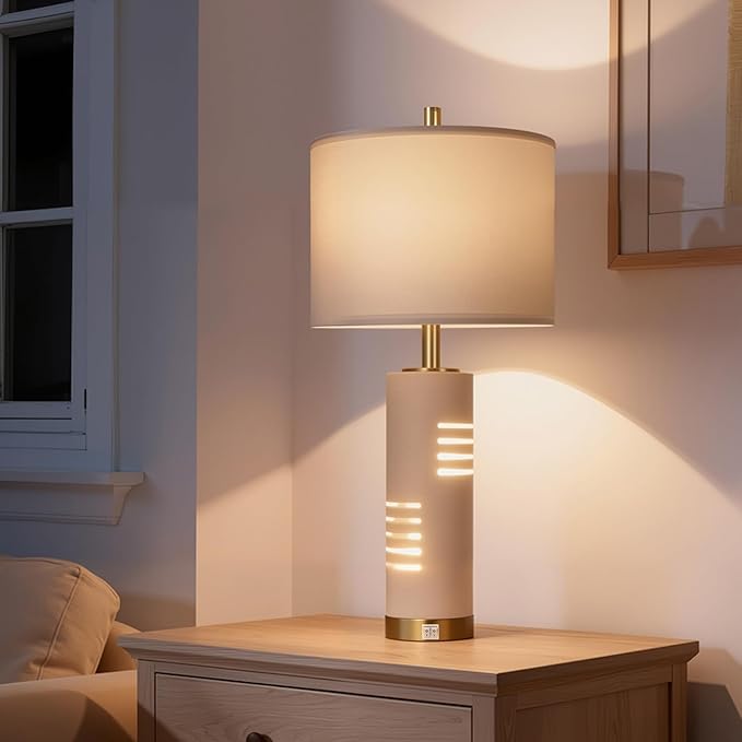 27.5" Faux Stone Table Lamps Set of 2 with Night Light, Farmhouse Lamps for Living Room with USB A+C Ports, Bedside Table Lamps with Linen Shade for Bedroom Nightstand Office (Bulb Included)