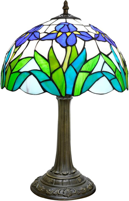 Tiffany Lamp Rural Style Green Blue Iris Flower Stained Glass Lamps Reading Bedside Bedroom Table Lamp Living Room end Kitchen Hotel Bar Home Small Space Decor Metal Base 12X19 Inche LED Vintage Lamp