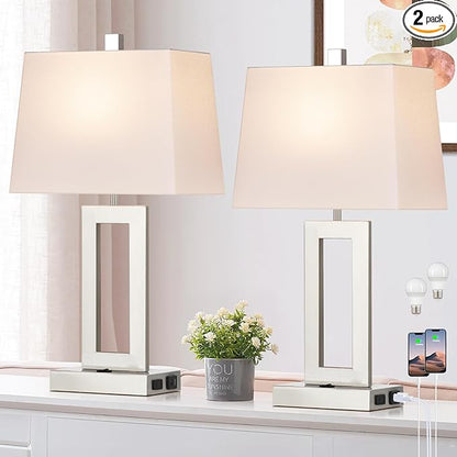 Table Lamp Set of 2 with USB C+A Ports & AC Outlet, Bedside Lamps, Modern Bedroom Lamps, Silver Lamps for Night Stands Bedroom Living Room,Nightstand Lamp