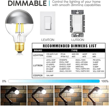 XININSUN Dimmable Half Chrome Light Bulb,6W (60W Eqv.), Anti Glare LED Light Bulbs,G25 Globe Light Bulbs,E26 G80 Silver Dipped Bulb for Bathroom, Vanity, Mirror,4000K Daylight,4Pcs
