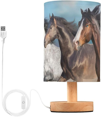 Bedside Lamp Horses Table Lamp for Bedroom LED Nightstand Lamp Shade USB Ports Wood Base for Living Room Dorm Office