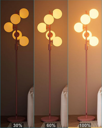 64IN Dimmable Pink Floor Lamp, Tall Standing Lamps with 5 Globe Soft Warm White Eye Care 3000K G9 Bulbs, Mid Century Modern Floor Lamp for Living Room Bedroom Office