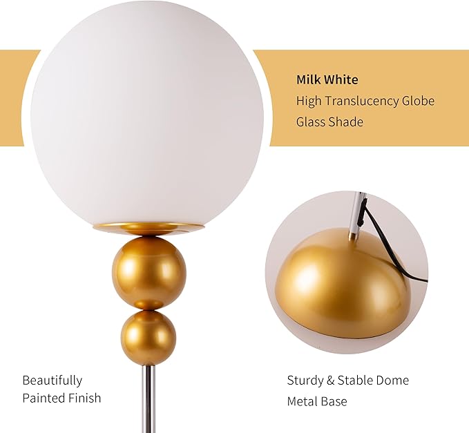 Modern Glass Floor Lamp for Bedroom, 63'' Vintage Mid-Century Floor Lamp with Milky White Frosted Glass Globe Shade for Living Room Corner, Slim Standing Reading Lamp for Office Decor (Gold)