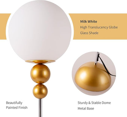 Modern Glass Floor Lamp for Bedroom, 63'' Vintage Mid-Century Floor Lamp with Milky White Frosted Glass Globe Shade for Living Room Corner, Slim Standing Reading Lamp for Office Decor (Gold)