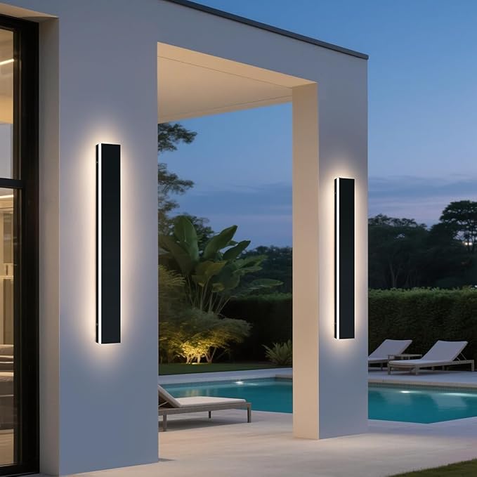 Upgrade Widened 2 Pack Outdoor Modern LED Wall Light, 47.2inch Long Black Wall Sconces, 3 Color 3000K/4500K/6000K, IP65 Waterproof, 42W, Exterior Lighting Fixture for House, Fence, Yard, Patio