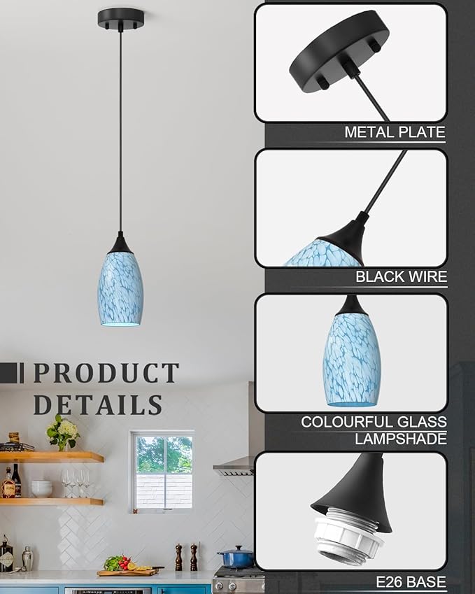 ANYLOVE Vintage Art Blue-White Pendant Lighting,1-Pack Hand Glass Hanging Light Fixture,Adjustable Cord for Kitchen,Hallway,Dining Room