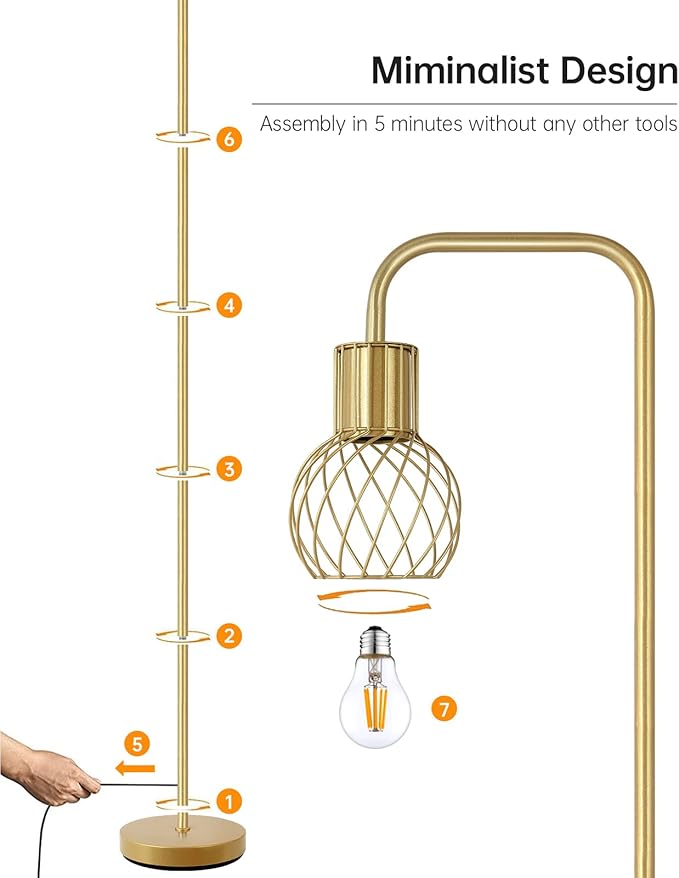 Brass Gold Standing Floor Lamp for Living Room - Modern Industrial Design with 6W LED Bulb, Foot Switch, Metal Tall Stand, Minimalist Farmhouse Boho Style for Bedroom & Office