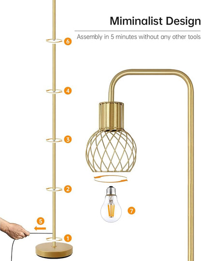 Brass Gold Standing Floor Lamp for Living Room - Modern Industrial Design with 6W LED Bulb, Foot Switch, Metal Tall Stand, Minimalist Farmhouse Boho Style for Bedroom & Office