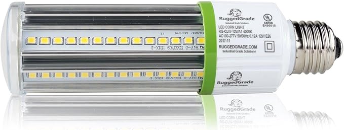 RuggedGrade Aries EV Series 12W LED Corn Bulb | 1,380 Lumens | 5000K Bright White | E26 Base | Indoor/Outdoor Light for Garage, Post Top, Barn | DLC 5.1 Premium