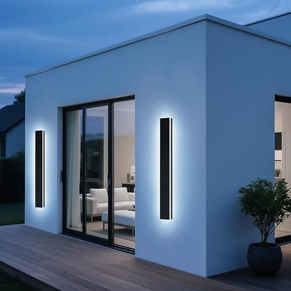 Upgrade Widened 2 Pack Black Outdoor Wall Sconce, 47.2inch Dimmable Modern LED Exterior Light Fixture, 3000K-6000K, IP65 Waterproof, Long Wall Mount Lamp for Fence, Garden, House with Remote Control