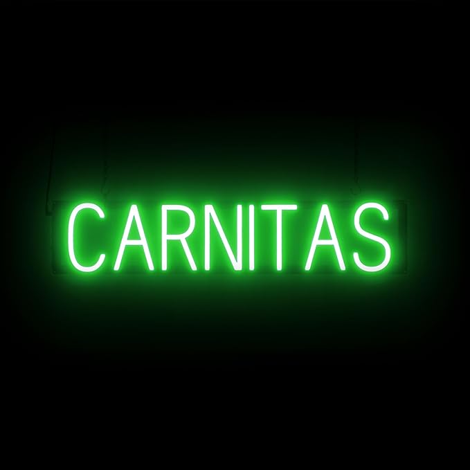 SpellBrite CARNITAS Sign | Mexican Food-Related Sign with Neon Look, Green LED Light Source | 30.0" x 6.3"