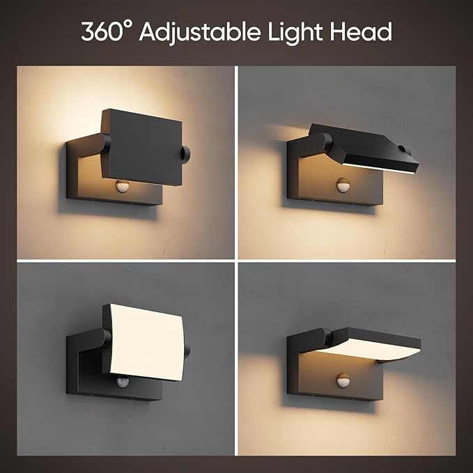 2 Pack 40W Motion Sensor Outdoor Wall Lights, 3000K Black LED Light Fixture, IP65 Waterproof Exterior Porch Light, 360 ° Adjustable Head Flood Wall Lighting for House