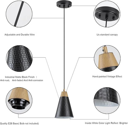 Dijiahua Black Kitchen Pendant Lighting Over Island 3 Pack,Small Modern Farmhouse Chandeliers with Hammered Metal Cone Shade,Mini Industrial Adjustable Cord Hanging Ceiling Lamp Fixtures Over Sink