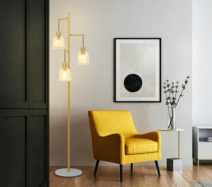 Mid-Century Modern Floor Lamp with Gold Flower Glass Shade - Vintage Brass Tree Standing Light for Living Room, Bedroom, Reading Book - Farmhouse, Bohemian, Boho Chic Home Decor