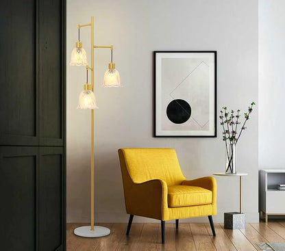 Mid-Century Modern Floor Lamp with Gold Flower Glass Shade - Vintage Brass Tree Standing Light for Living Room, Bedroom, Reading Book - Farmhouse, Bohemian, Boho Chic Home Decor