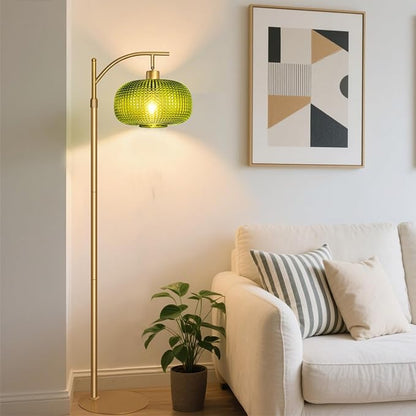 Modern Floor Lamp for Living Room, Mid Century Tall Standing Lamp Green Glass Lamp Shape, Dimmable Gold Tall Pole Lamp for Bedroom Office with Remote, 1 x 12W LED Edison Bulbs Included
