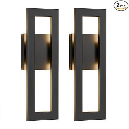 LamQee 14" Modern Outdoor Wall Lights 2 Packs, 3000K 1000LM LED Exterior Lighting Fixtures with Rectangle Frame, Matte Black Linear Outside Sconce Wall Mount for House Front Porch Patio Garage Door
