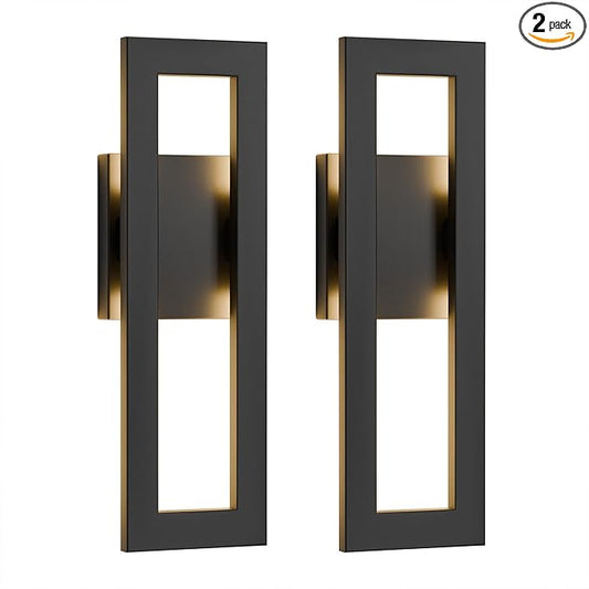 LamQee 14" Modern Outdoor Wall Lights 2 Packs, 3000K 1000LM LED Exterior Lighting Fixtures with Rectangle Frame, Matte Black Linear Outside Sconce Wall Mount for House Front Porch Patio Garage Door