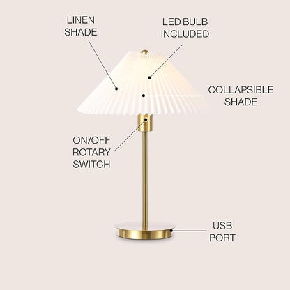 JONATHAN Y JYL1149A 21.25" Modern Glam Metal Table Lamp with USB Charging Port, Brass Gold Bedside Lamp for Bedroom, Living Room, Minimalist Desk Lamp with White Pleated Shade, LED Bulb Included