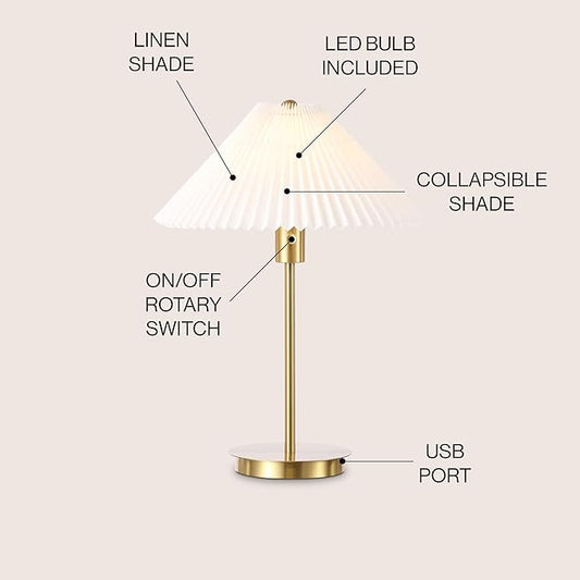 JONATHAN Y JYL1149A 21.25" Modern Glam Metal Table Lamp with USB Charging Port, Brass Gold Bedside Lamp for Bedroom, Living Room, Minimalist Desk Lamp with White Pleated Shade, LED Bulb Included