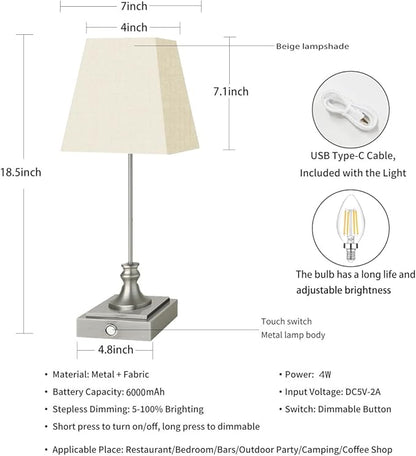 Rechargeable LED Table Lamps with Stepless Touch Control,Sliver Cordless Lamp for Living Room&Bedside&Patio&Shower,Small Desk Lamp(6000mAH Battery),2 Pack for Home Decor,Best Gifts for Family