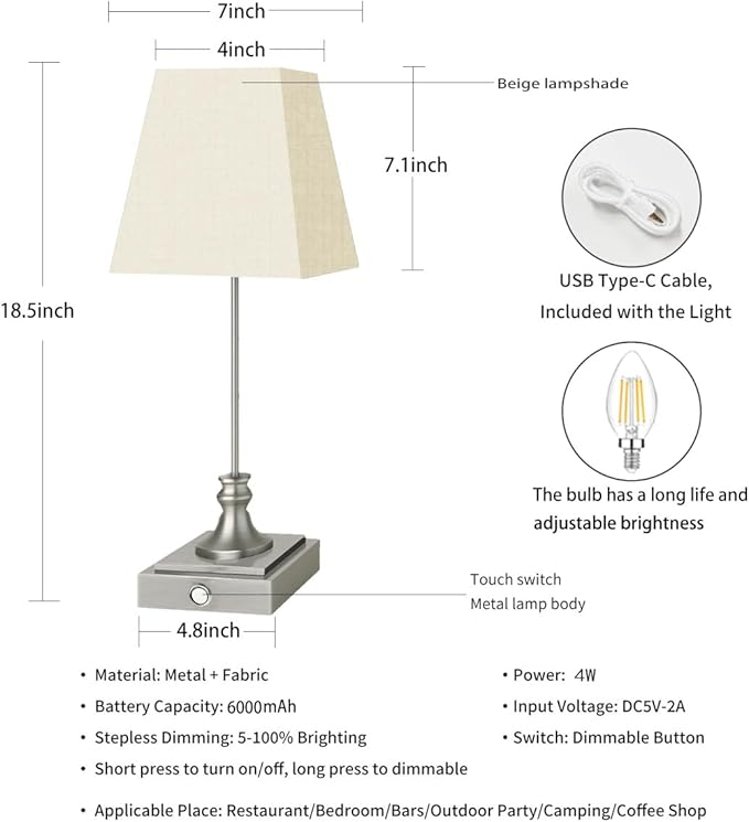 Rechargeable LED Table Lamps with Stepless Touch Control,Sliver Cordless Lamp for Living Room&Bedside&Patio&Shower,Small Desk Lamp(6000mAH Battery),1 Pack for Home Decor,Best Gifts for Family