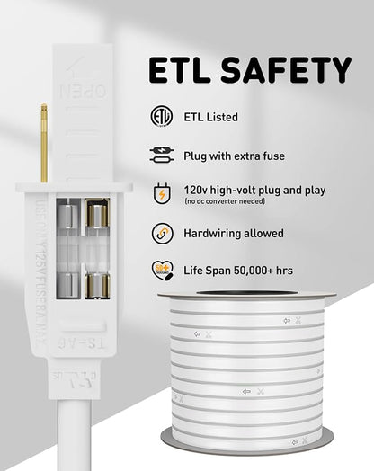 Shine Decor LED Rope Lights AC 120V, Connectable & Cuttable Dotless 120LEDs/M Eco Neon Strip Lighting, ETL IP65 Waterproof & Weather-Resistant for Home Commercial, 8x16mm, 6000K Cool White, 98.4FT