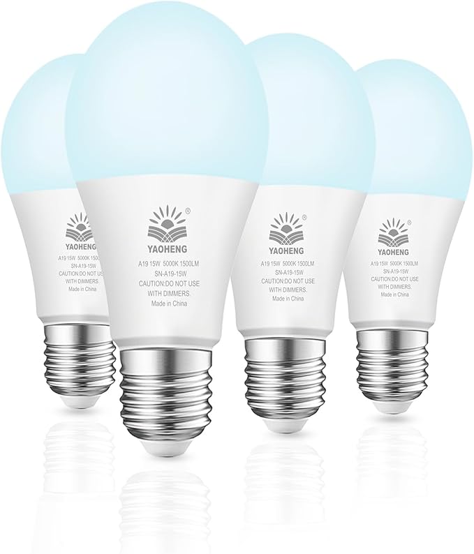 A19 LED Light Bulb, 100 Watt Equivalent LED Bulbs, 5000K Daylight White, 1500 Lumens, Standard E26 Base, Non-Dimmable 15W Super Bright Light Bulbs for Home, Office Lamp, ETL Listed(4-Pack)