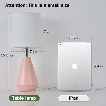Small Bedside Table Lamp for Bedroom-Reading Desk Lamp Set of 2,with 3 Color Temperatures,15.5" Nightstand Ceramic Lamp with Fabric Shade for Kids Room,Living Room,Dorm,Home Office(Pink+White)