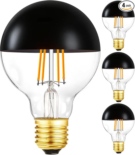 Half Chrome Light Bulb,6W (60W Equivalent) Dimmable LED Edison Bulbs,G80/G25 Globe Shape Decorative,Half Black Reflected Light,3000K Soft White CRI 90+ E26 Base Pack of 4