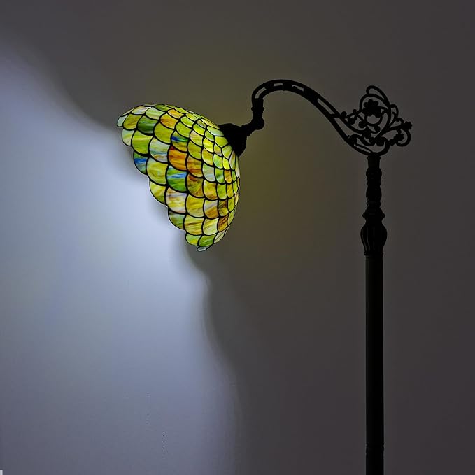 Tiffany Style Stained Glass Floor Lamp, Antique Bronze Base Standing Lamp with Green Fish Scales Shade & Gooseneck Adjustable Corner for Living Room, Bedroom, Home Office 12X18X64 Inches