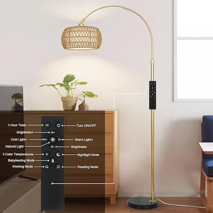 Gold Floor Lamps for Living Room, Arc Floor Lamp with Remote & Dimmable Bulb, Boho Rattan Standing lamp with 3 Color Temperatures, Height Adjustable Tall Lamp for Bedroom, Over Couch Reading Lamp