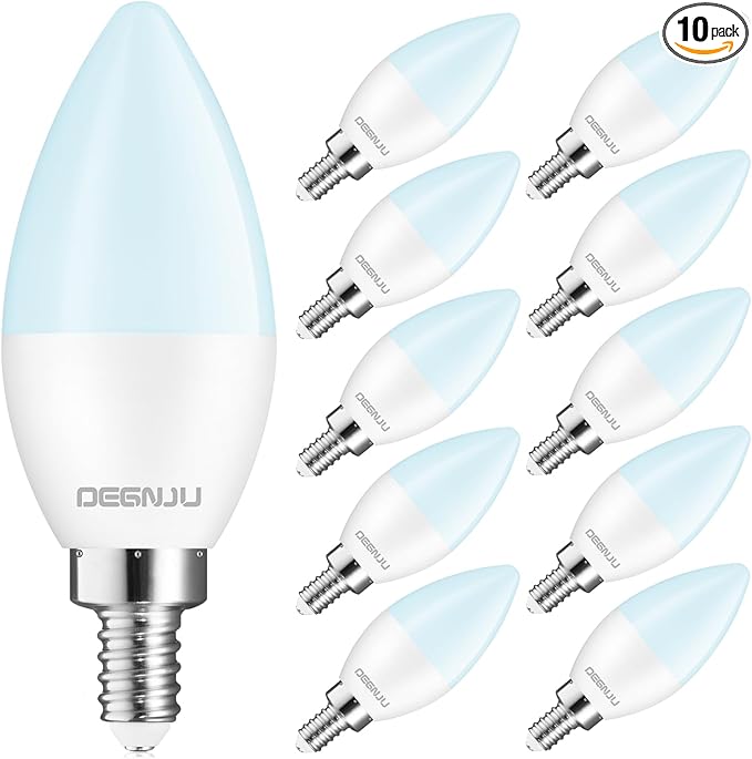 Chandelier Light Bulbs 60 Watt Equivalent, Candelabra LED Light Bulbs, E12 LED Bulb Daylight 5000K, Type b Light Bulb 5.5W, Candelabra Base, 120V, B11 Candle Light Bulb, Non-Dimmable, 10 Pack